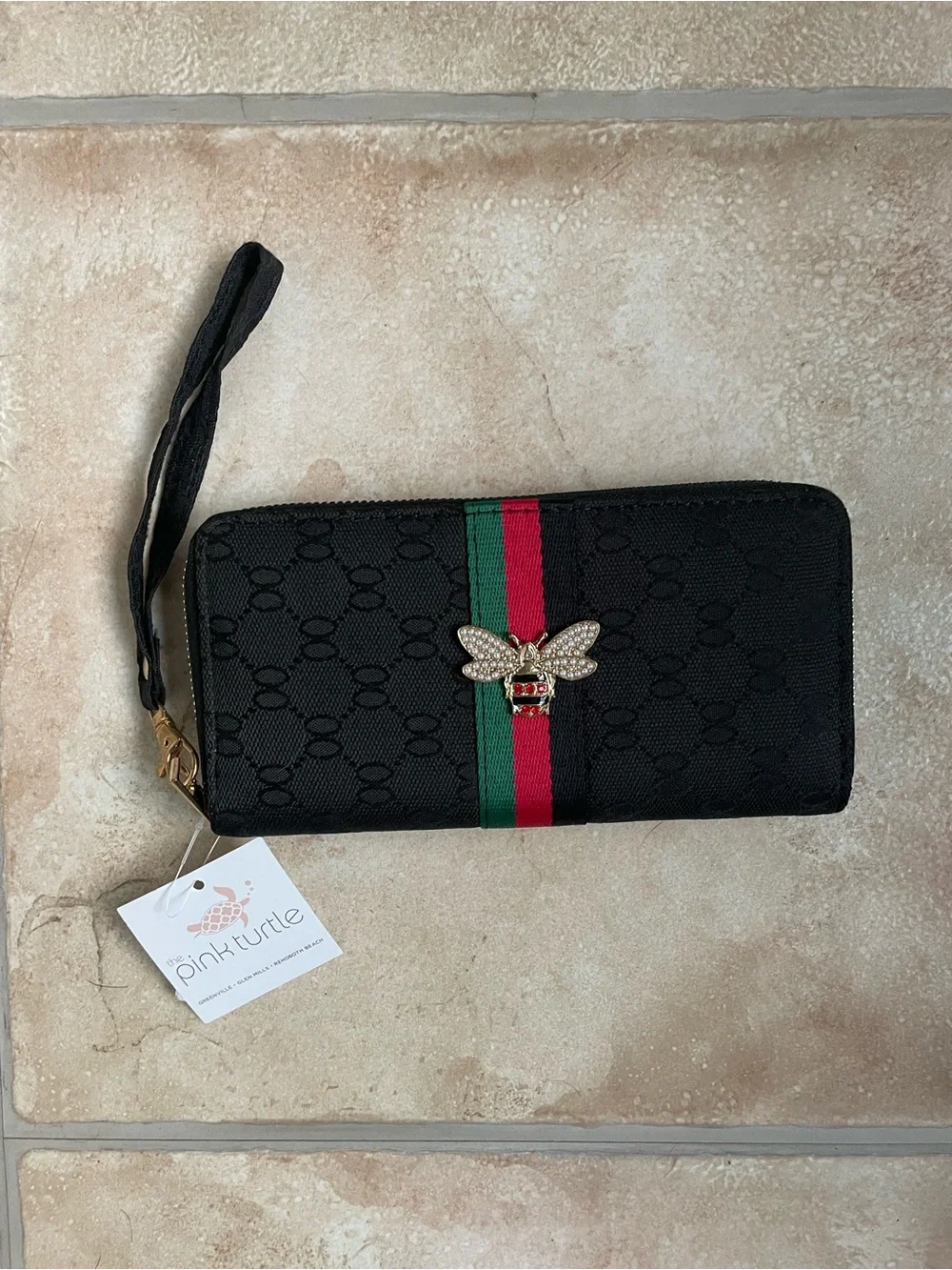 NWT Pink Lily black red green striped queen bee design billfold wallet wristlet